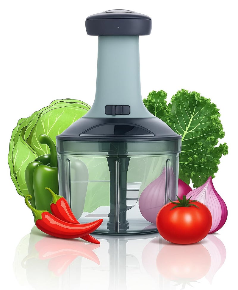 YOUONE Manual Hand Press Push Chopper with 4 Blades for Effortless Chopping Vegetables & Fruits (Assorted, 900 ml, Plastic). (Grey) - Image 1