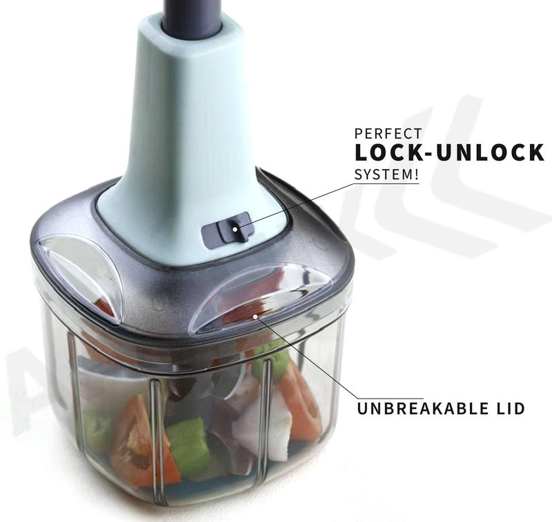 YOUONE Manual Hand Press Push Chopper with 4 Blades for Effortless Chopping Vegetables & Fruits (Assorted, 900 ml, Plastic). (Grey) - Image 2