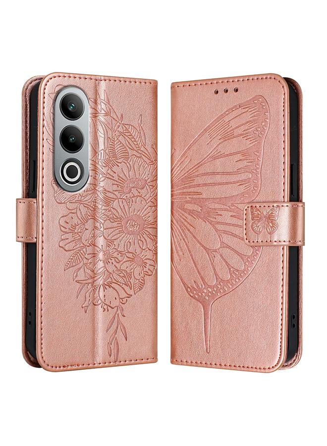 جراب هاتف OnePlus Nord CE4 المصنوع من الجلد المنقوش على شكل فراشة (ذهبي وردي)
