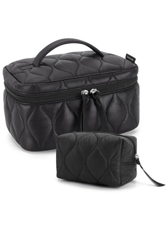 BAGSMART Travel Makeup Bag, 2-Piece Puffy Quilted Cute Make Up Bag Cosmetic Bags For Women, Large Wide-Open Toiletry Pouch Gifts For Toiletries Accessories Travelling Essentials, Black  - Image 1