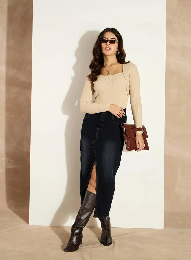 Sassafras Beige Ribbed Long Sleeve Square Neck Top
