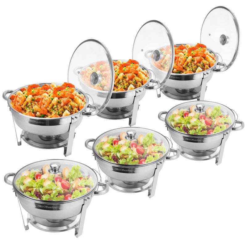طقم أطباق الشواء بري صن شاين 6 عبوات 5 QT من الفولاذ المقاوم للصدأ مع غطاء زجاجي وحامل غطاء سخان طعام للحفلات والبوفيهات وحفلات الزفاف وفعاليات تقديم الطعام