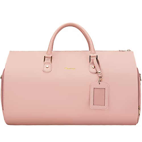 Modoker Women Convertible Leather Garment Bag with Shoulder Strap Carry on Garment Duffel Bag 2 in 1 Hanging Suitcase Suit Travel Bags Pink