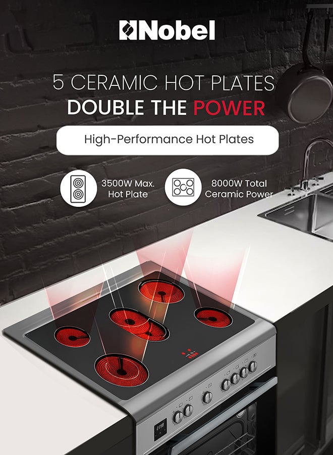 Nobel 90x60 Electric Cooking Range with 5 Black Ceran Burners, Inox Frame, Digital Timer, Turbo Fan Maxi Oven, Double Glass Door, Made in Turkey – (1 Year Warranty) 5 NGC90VC silver - Image 5