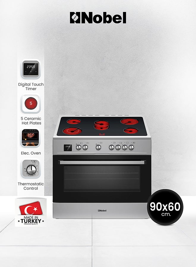 90x60 Electric Cooking Range with 5 Black Ceran Burners, Inox Frame, Digital Timer, Turbo Fan Maxi Oven, Double Glass Door, Made in Turkey – (1 Year Warranty) 5 NGC90VC silver
