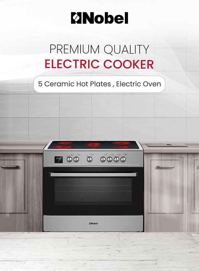 Nobel 90x60 Electric Cooking Range with 5 Black Ceran Burners, Inox Frame, Digital Timer, Turbo Fan Maxi Oven, Double Glass Door, Made in Turkey – (1 Year Warranty) 5 NGC90VC silver - Image 2