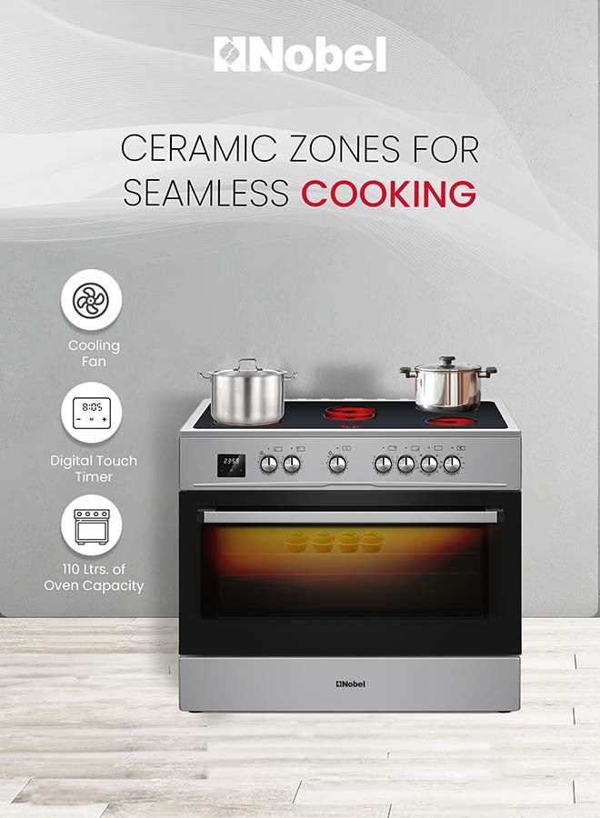Nobel 90x60 Electric Cooking Range with 5 Black Ceran Burners, Inox Frame, Digital Timer, Turbo Fan Maxi Oven, Double Glass Door, Made in Turkey – (1 Year Warranty) 5 NGC90VC silver - Image 3
