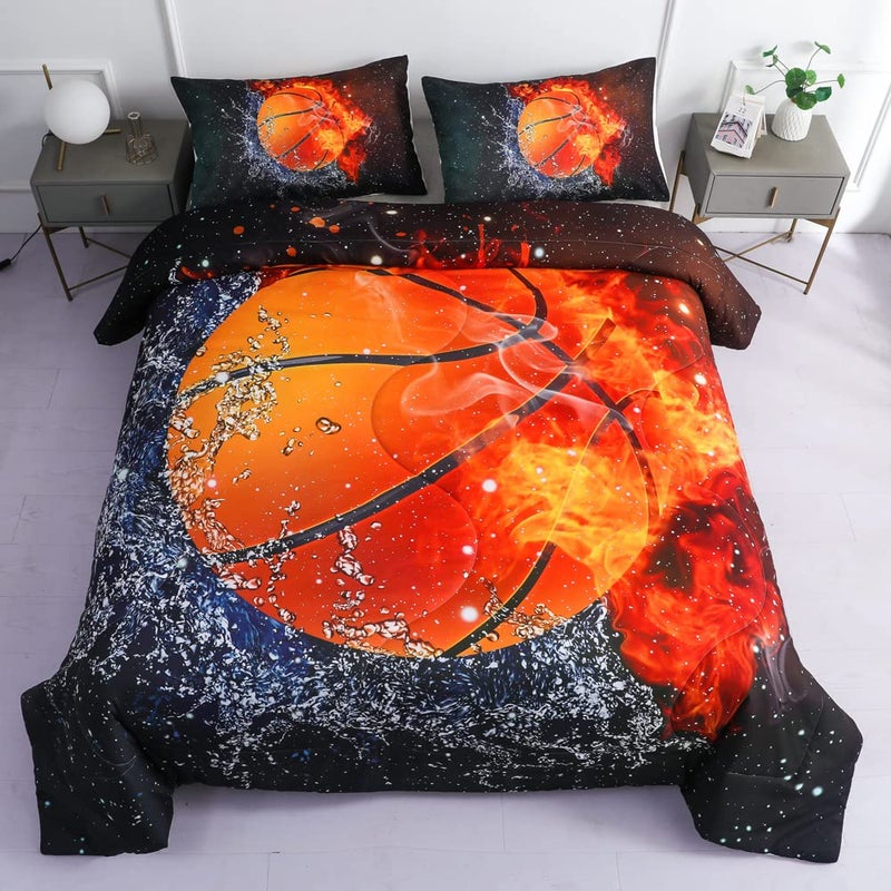 Roscloud Roscloud Sports Basketball Comforter Sets Twin Size Bed Set 2PC Ice Flame Galaxy Basketball Boys Quilt Bedspread Bedding SetComforter x 1 Pillowcases x 1 