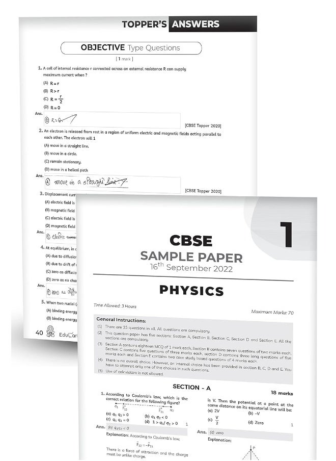 Educart CBSE Class 12 PHYSICS Sample Paper 2023 (Complete Syllabus with Exclusive Topper Answers and Marks breakdown for 2022-23 Board Exams)