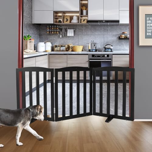 ZJSF Foldable Freestanding Indoor Dog Gate for House Wood Long Pet Gates Dog Fence for Stairs Puppy Gates for Hallways, Puppy Gate,Support Feet Included, Black, 24 "Height-3 Panels - Image 2