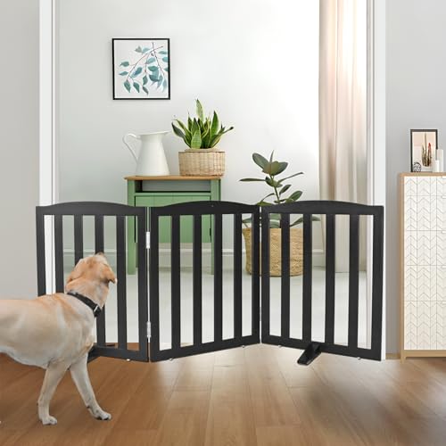 ZJSF Foldable Freestanding Indoor Dog Gate for House Wood Long Pet Gates Dog Fence for Stairs Puppy Gates for Hallways, Puppy Gate,Support Feet Included, Black, 24 "Height-3 Panels - Image 1