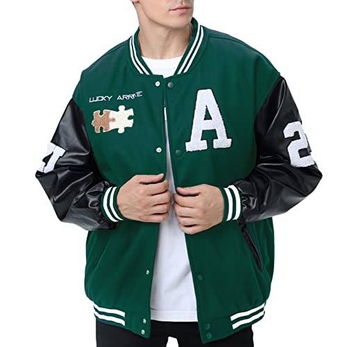 Moshtashio Mens Varsity College Jacket Mens Baseball Bomber Jacket Vintage Sweatshirt Casual Unisex Streetwear Coats with Patch (1 Green, XX-Large) - Image 1