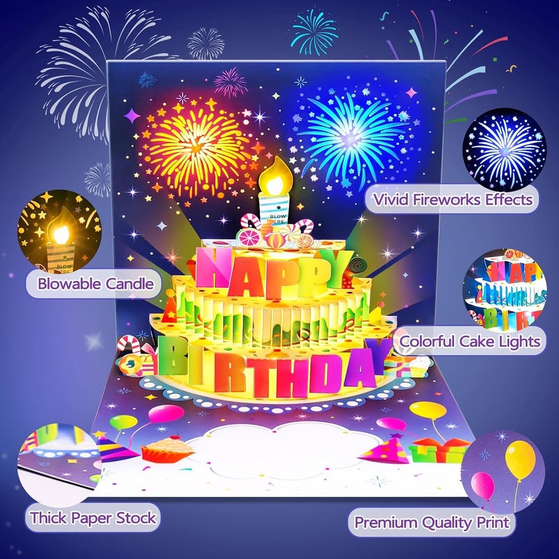 HYRAINBOW Birthday Cards with MUSIC & LIGHTS & BLOWABLE CANDLE Pop up Happy Birthday Card, Birthday Gifts for Women Men Husband Wife Sister Friends Kids-Navy Blue - Image 4