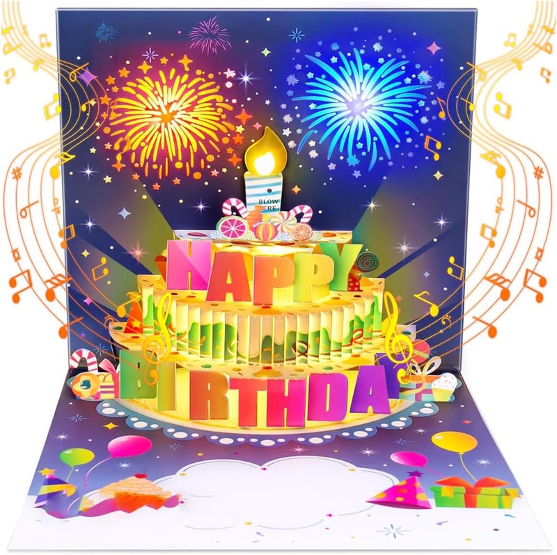 HYRAINBOW Birthday Cards with MUSIC & LIGHTS & BLOWABLE CANDLE Pop up Happy Birthday Card, Birthday Gifts for Women Men Husband Wife Sister Friends Kids-Navy Blue - Image 1