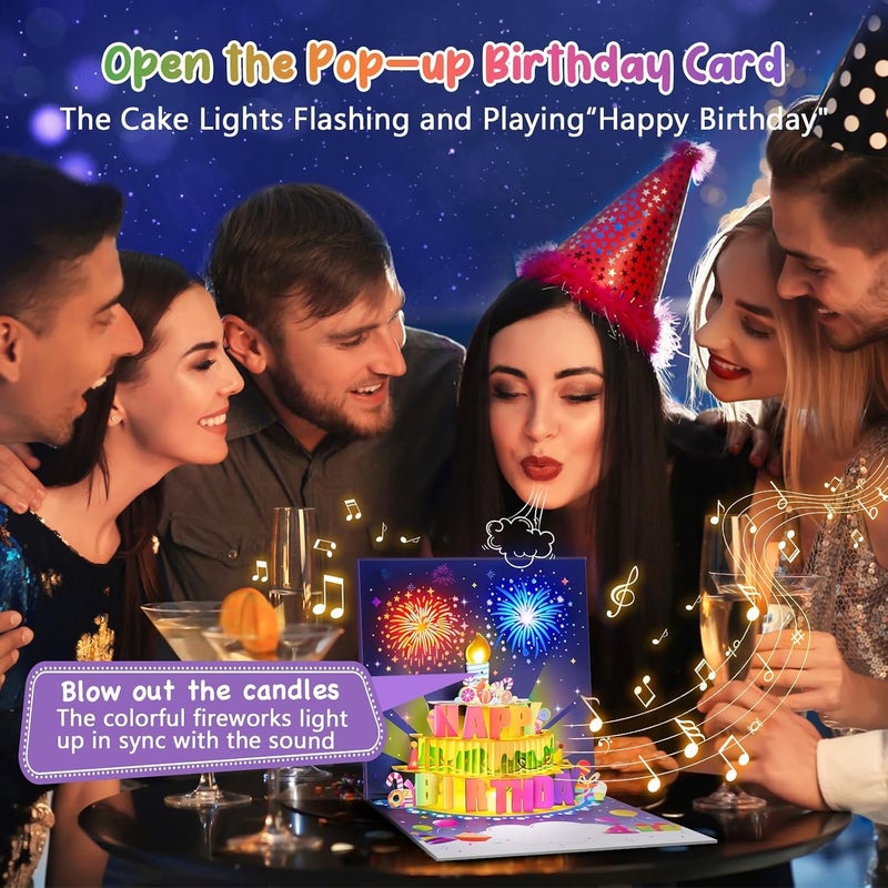 HYRAINBOW Birthday Cards with MUSIC & LIGHTS & BLOWABLE CANDLE Pop up Happy Birthday Card, Birthday Gifts for Women Men Husband Wife Sister Friends Kids-Navy Blue - Image 2
