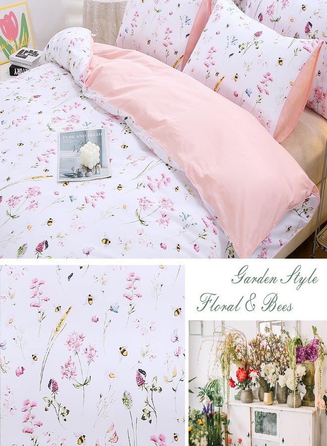 URBONUR Pink Floral Duvet Cover Set Queen Size 100% Cotton 3 Piece Romantic Garden Flowers Cute Bees Print Bedding Set for Girls Women, Queen Comforter Cover Sets with Button Closure - Image 5