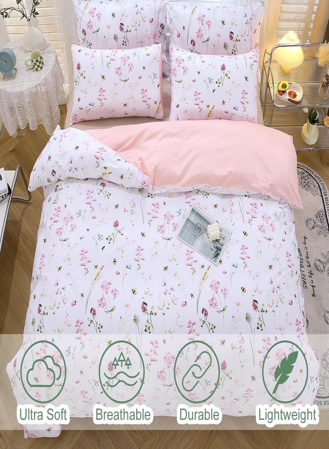 URBONUR Pink Floral Duvet Cover Set Queen Size 100% Cotton 3 Piece Romantic Garden Flowers Cute Bees Print Bedding Set for Girls Women, Queen Comforter Cover Sets with Button Closure - Image 3