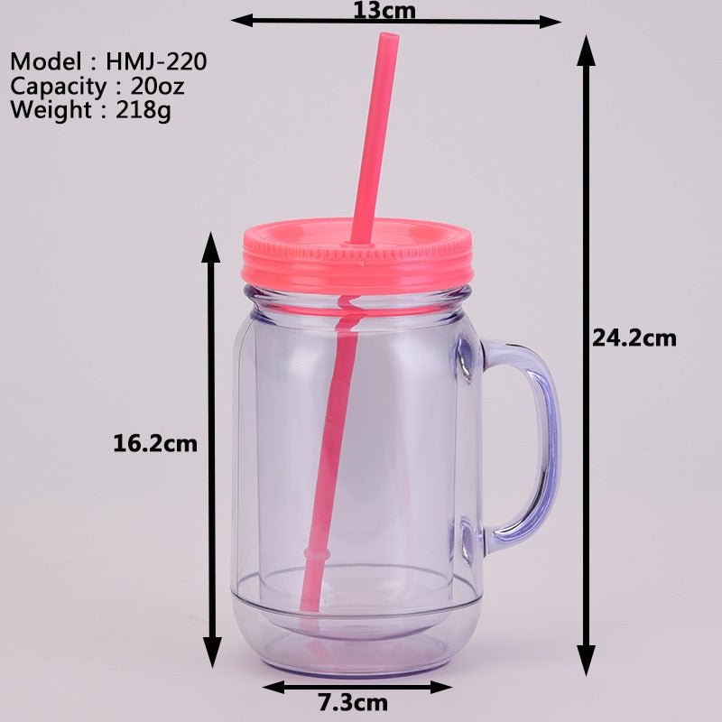 Solid Color Plastic Cock Cup With Handle Double Layer Plastic Mason Bottle Daily Cup With Straw - Image 5