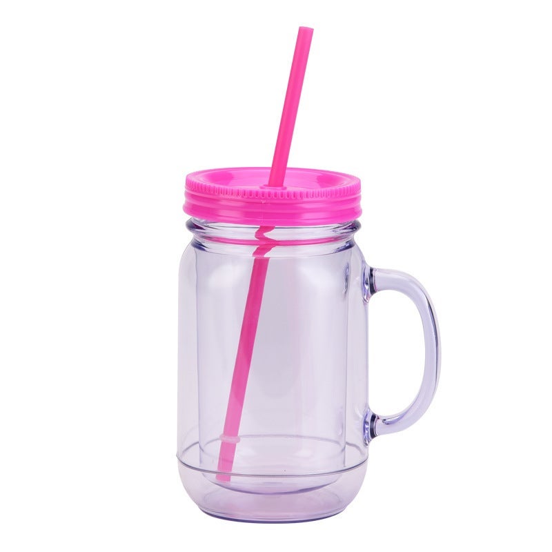 Solid Color Plastic Cock Cup With Handle Double Layer Plastic Mason Bottle Daily Cup With Straw - Image 1