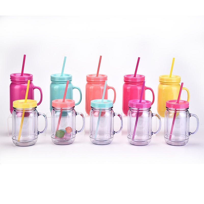 Solid Color Plastic Cock Cup With Handle Double Layer Plastic Mason Bottle Daily Cup With Straw - Image 3
