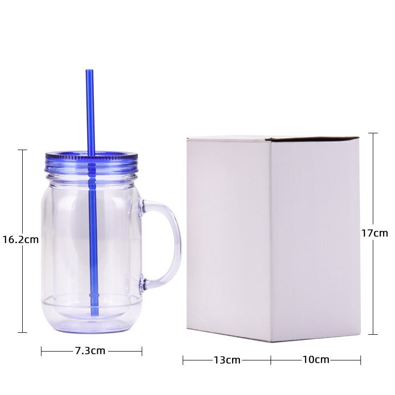 Solid Color Plastic Cock Cup With Handle Double Layer Plastic Mason Bottle Daily Cup With Straw - Image 4