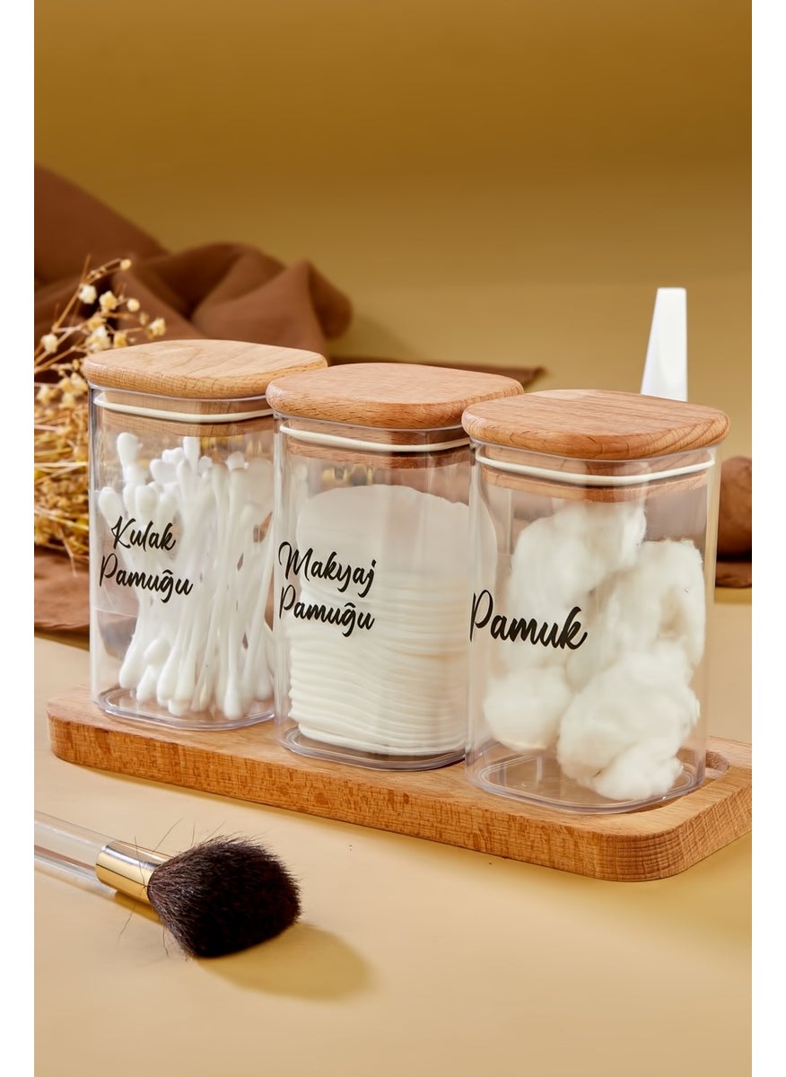 Fbz Home 3-Piece Acrylic Cotton Bud & Makeup Cotton & Cotton Holder Storage Box with Wooden Stand  - Image 1