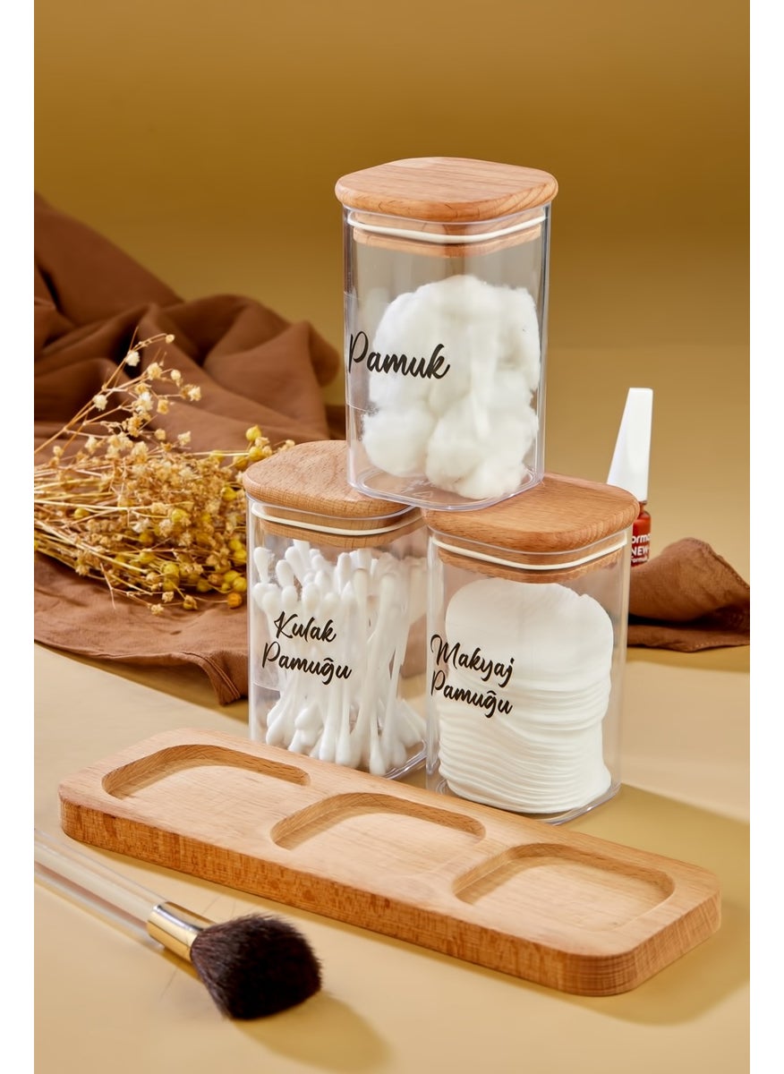 Fbz Home 3-Piece Acrylic Cotton Bud & Makeup Cotton & Cotton Holder Storage Box with Wooden Stand  - Image 3