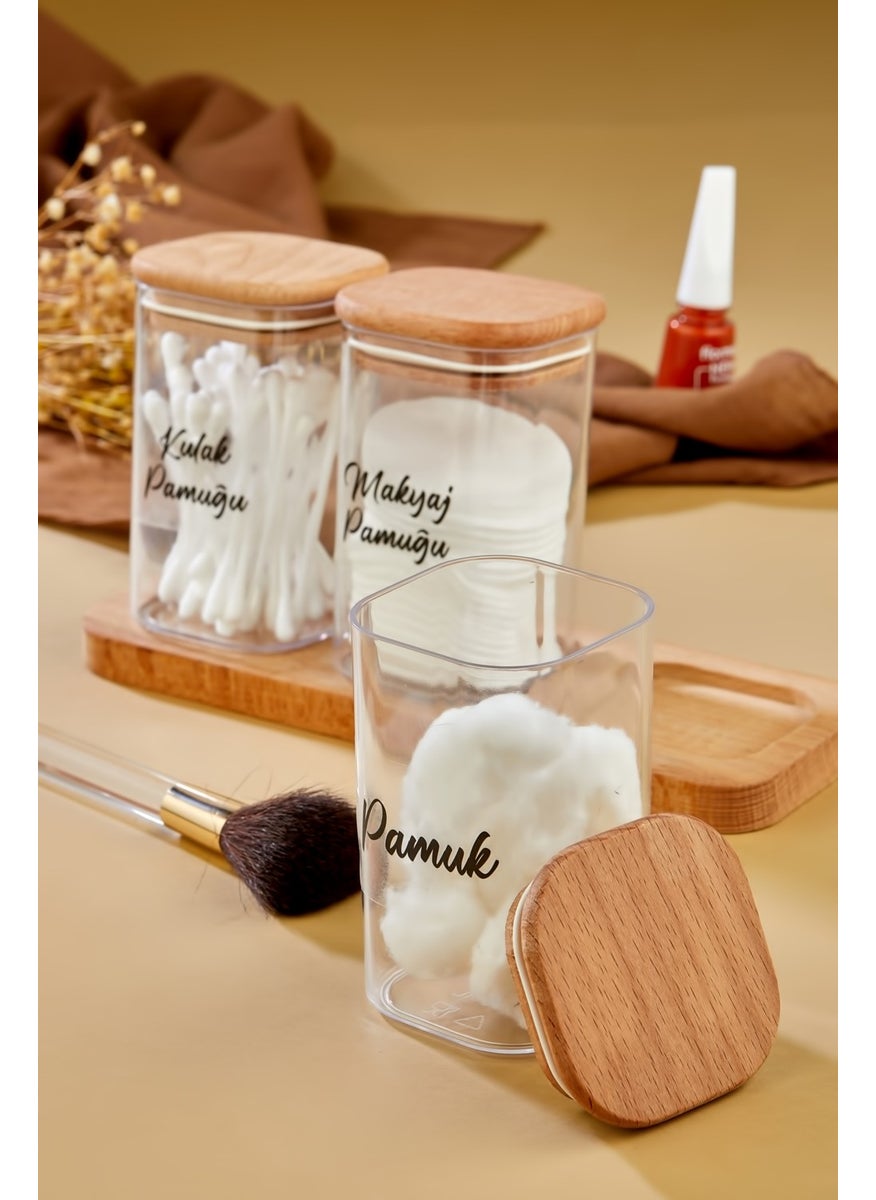 Fbz Home 3-Piece Acrylic Cotton Bud & Makeup Cotton & Cotton Holder Storage Box with Wooden Stand  - Image 2