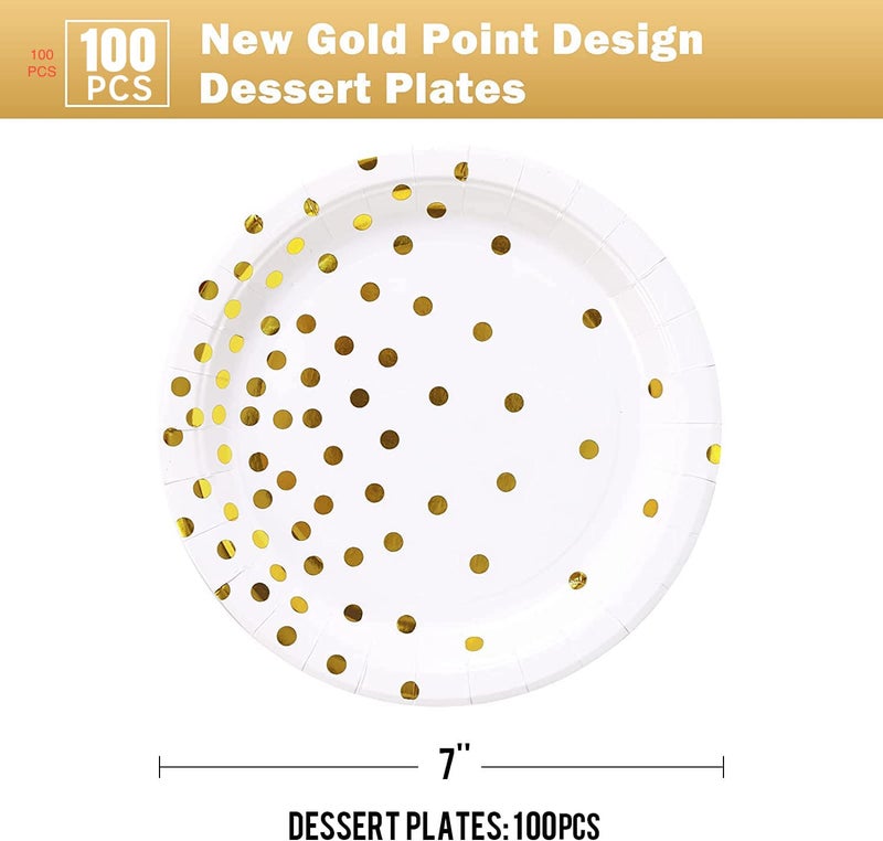 CENLBJ White and Gold Paper Plates 100PCS 7inch Gold Dots Dessert Plates Disposable Party Supplies for Birthday Wedding Bridal Showers Christmas Anniversaries All Occasions - Image 1