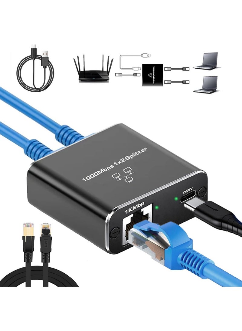 X-level Gigabit Ethernet Splitter1 to 2 with 1.5Ft Cat 8 Ethernet Cable, 1000Mbps Internet Splitter High Speed with USB Power Cable, Gigabit LAN Splitter for Cat5/5e/6/7/8 Cable(2 Devices Simultaneously Networking) - Image 1