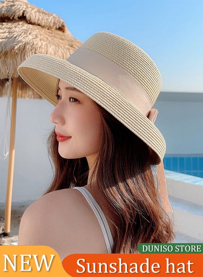 DUNISO Womens Summer Classical Bowknot Sun Hats, Travel Foldable Brim Bucket Hat Vintage Cloche Beach Fishing Cap, Straw Hat With Wind Lanyard Floppy Beach Hats For Women - Image 1