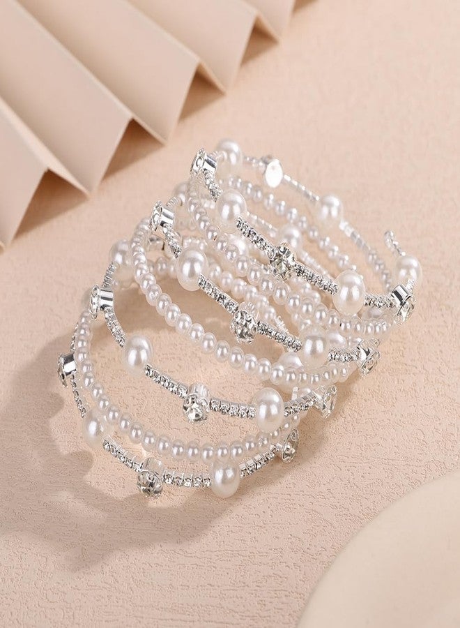BERYUAN Pearls Rhinestone Upper Arm Bracelets Rhinestone Arm Cuff Bracelets Elegant Pearls Arm Bracelets Rhinestone Pearls Arm Cuff Bangle for Wedding Women Wedding Party Prom Arm Braclets (silver) - Image 2