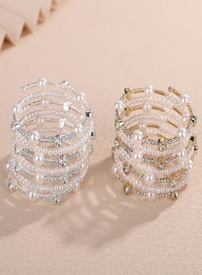 BERYUAN Pearls Rhinestone Upper Arm Bracelets Rhinestone Arm Cuff Bracelets Elegant Pearls Arm Bracelets Rhinestone Pearls Arm Cuff Bangle for Wedding Women Wedding Party Prom Arm Braclets (silver) - Image 5