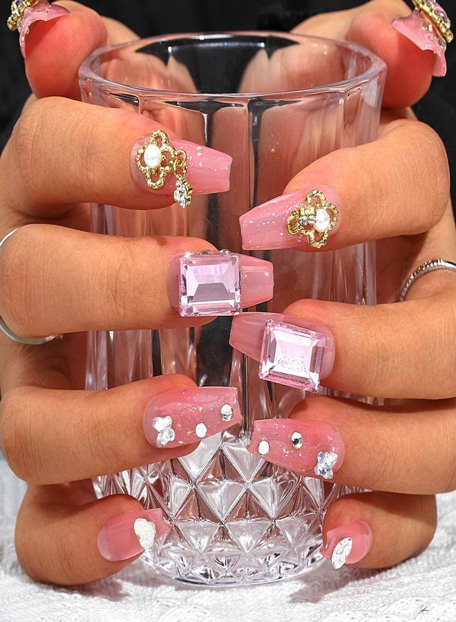 Sethexy Long Coffin Handmade Pink False Nails Rhinestone Glitter Luxury Fake Nails with Design 3D Crystal Glossy Acrylic Salon Press On Nails for Women and Girls 10PCS(B) - Image 1