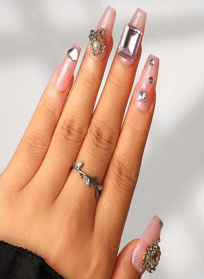 Sethexy Long Coffin Handmade Pink False Nails Rhinestone Glitter Luxury Fake Nails with Design 3D Crystal Glossy Acrylic Salon Press On Nails for Women and Girls 10PCS(B) - Image 3