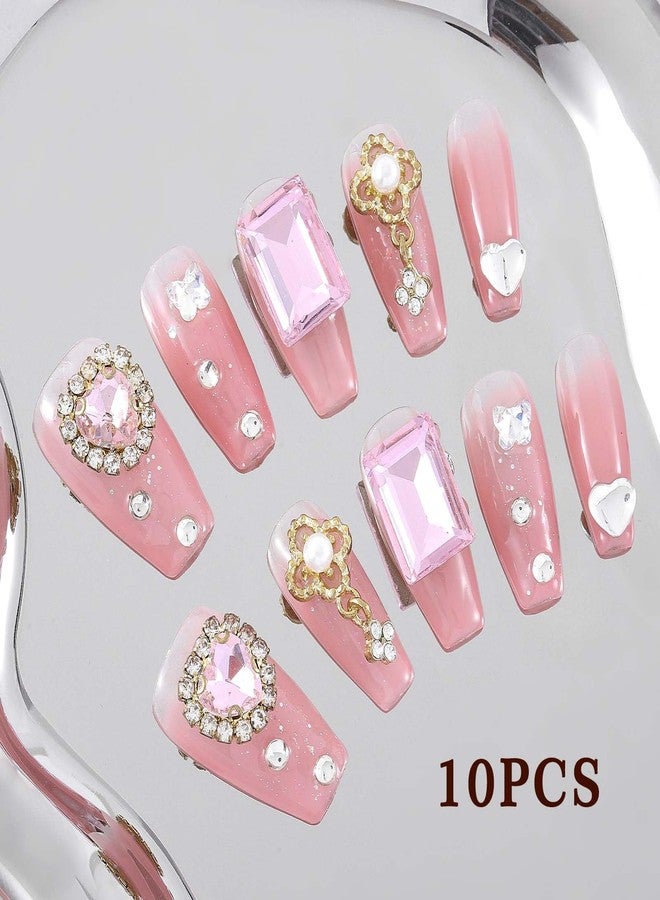 Sethexy Long Coffin Handmade Pink False Nails Rhinestone Glitter Luxury Fake Nails with Design 3D Crystal Glossy Acrylic Salon Press On Nails for Women and Girls 10PCS(B) - Image 4