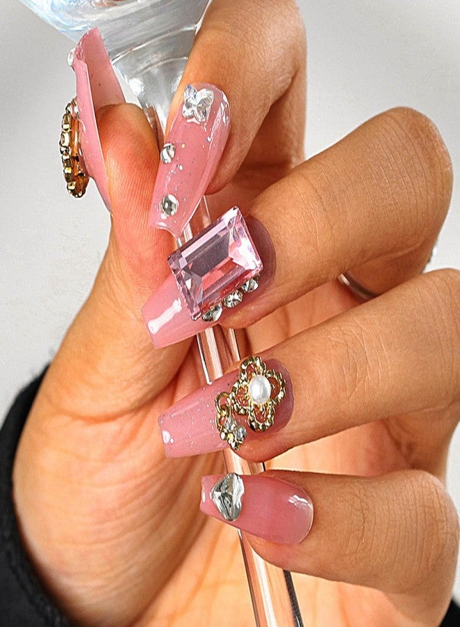 Sethexy Long Coffin Handmade Pink False Nails Rhinestone Glitter Luxury Fake Nails with Design 3D Crystal Glossy Acrylic Salon Press On Nails for Women and Girls 10PCS(B) - Image 2