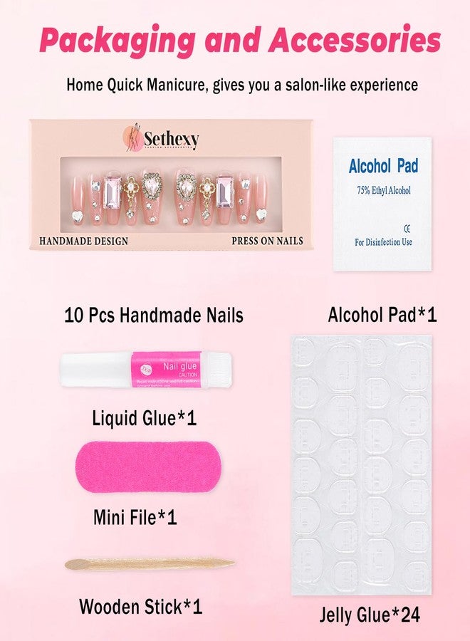 Sethexy Long Coffin Handmade Pink False Nails Rhinestone Glitter Luxury Fake Nails with Design 3D Crystal Glossy Acrylic Salon Press On Nails for Women and Girls 10PCS(B) - Image 5