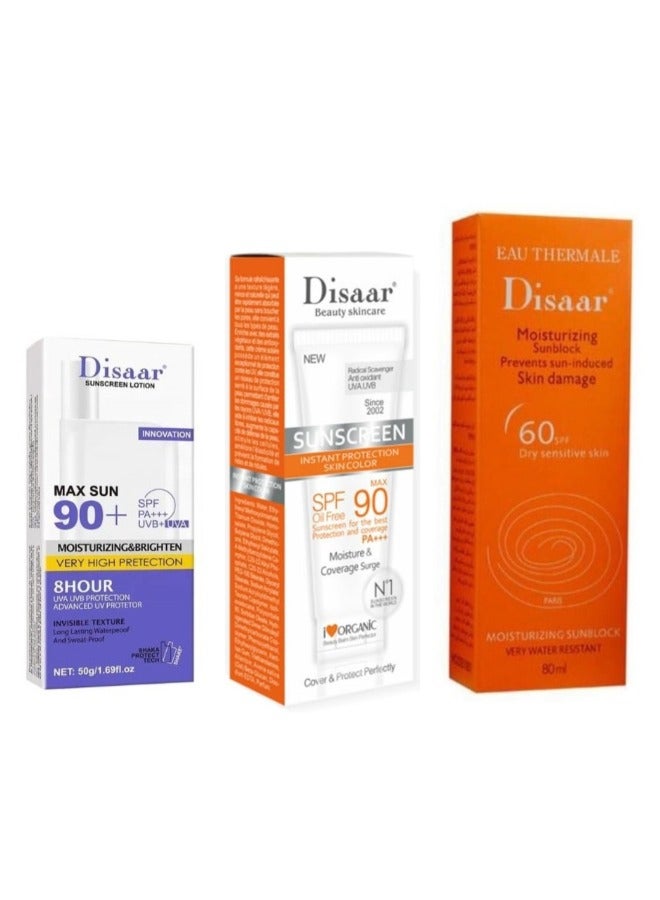 Disaar Set Of 3 Disaar Sunscreen, Disaar Moisturizing Sunblock 60 SPF 80 Ml ,  Diasaar Sunscreen Instant Protection Cream SPF 90 40g, Disaar Sunscreen Moisturizer And Brighten very High Protection SPF 90 50 gram - Image 1