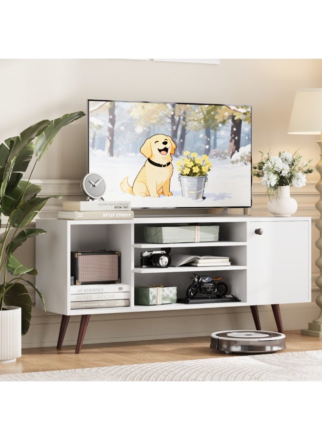 سميت حامل تلفزيون عصري من منتصف القرن من WERSMT لأجهزة التلفزيون حتى 60 بوصة، 135 × 36 × 67 سم، مركز ترفيهي مع خزائن تخزين وأرفف مفتوحة، طاولة وحدة تلفزيون صغيرة لغرفة المعيشة، أبيض - Image 1