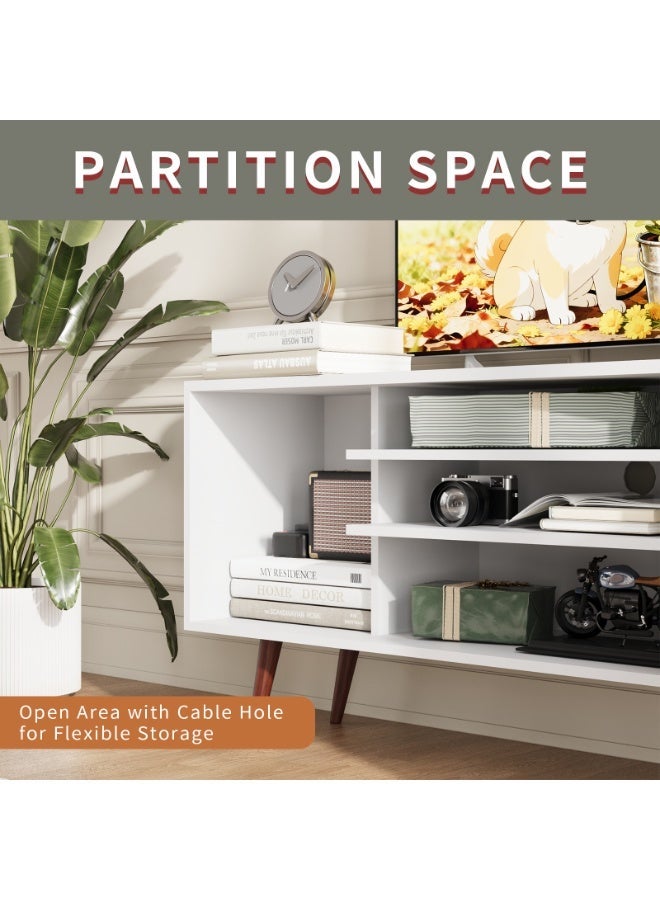 سميت حامل تلفزيون عصري من منتصف القرن من WERSMT لأجهزة التلفزيون حتى 60 بوصة، 135 × 36 × 67 سم، مركز ترفيهي مع خزائن تخزين وأرفف مفتوحة، طاولة وحدة تلفزيون صغيرة لغرفة المعيشة، أبيض - Image 5