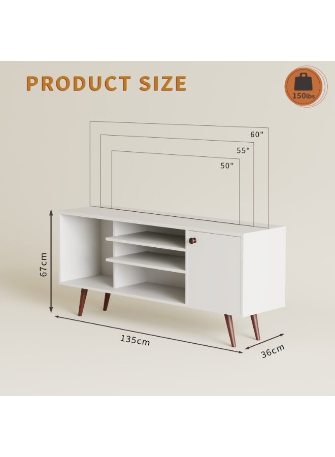 سميت حامل تلفزيون عصري من منتصف القرن من WERSMT لأجهزة التلفزيون حتى 60 بوصة، 135 × 36 × 67 سم، مركز ترفيهي مع خزائن تخزين وأرفف مفتوحة، طاولة وحدة تلفزيون صغيرة لغرفة المعيشة، أبيض - Image 3