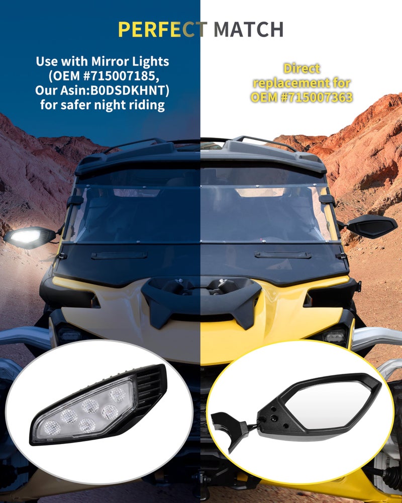 SLORIMOD Aluminum Side Mirrors for Can-Am Maverick R / X3 / Max 2017-2025, Adjustable Folding Clear Rearview Side Mirrors Replace #715007363 (1 Pair) - Image 5
