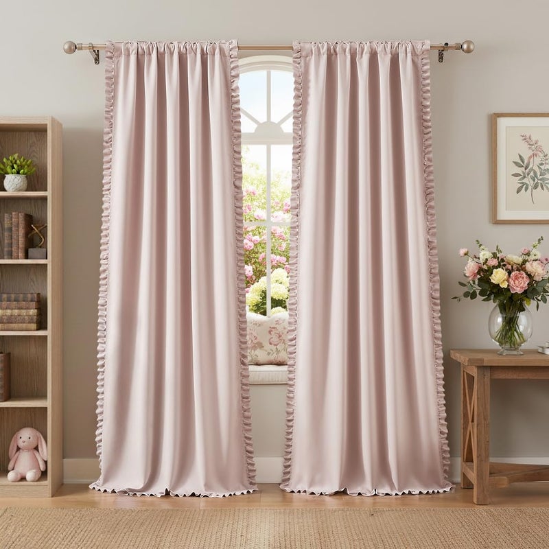 Jubilantex Pink 80% Blackout Curtains with Ruffle Heavy Solid Thermal Insulated Window Treatment Set Soft Drapes for Bedroom Living Room Light Blocking Rod Pocket Curtain, 40Wx63L, 2 Panels - Image 1