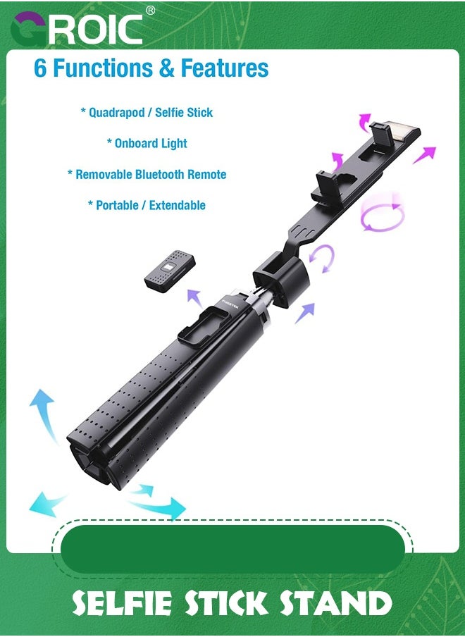 GROIC Black 40'' Lighted Selfie Stick Stand, Lightweight Phone Tripod, Wireless Bluetooth Remote, Ultra Stable 4 Legs Travel 3 Onboard Light Modes, Compatible with iPhone & Android  - Image 3