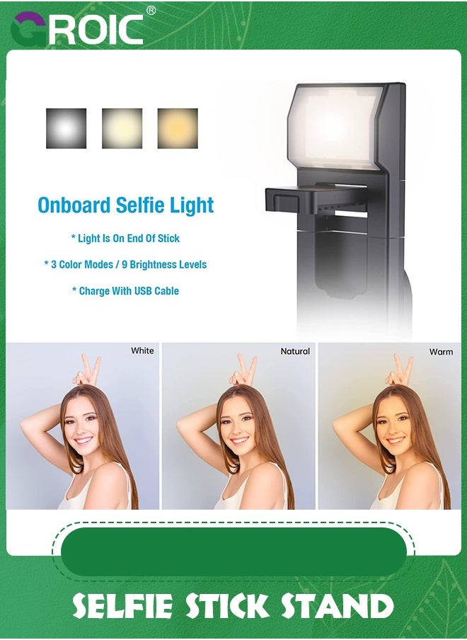 GROIC Black 40'' Lighted Selfie Stick Stand, Lightweight Phone Tripod, Wireless Bluetooth Remote, Ultra Stable 4 Legs Travel 3 Onboard Light Modes, Compatible with iPhone & Android  - Image 2