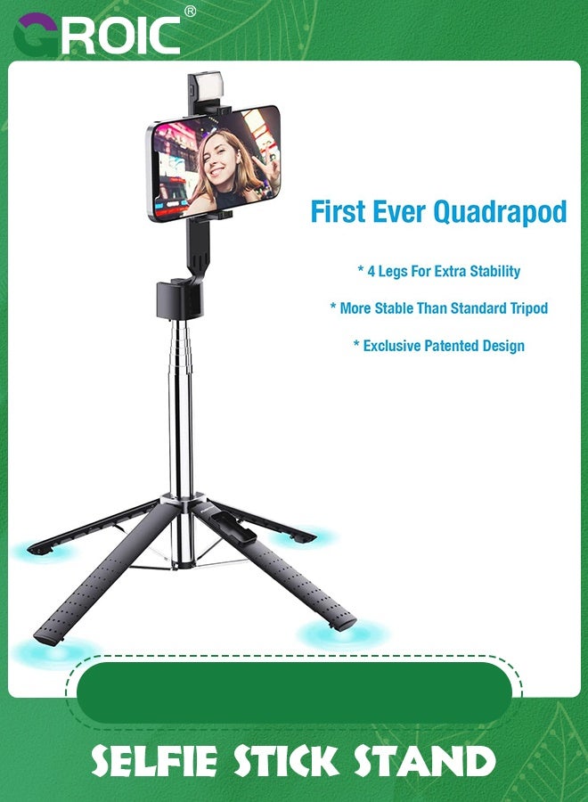 Black 40'' Lighted Selfie Stick Stand, Lightweight Phone Tripod, Wireless Bluetooth Remote, Ultra Stable 4 Legs Travel 3 Onboard Light Modes, Compatible with iPhone & Android