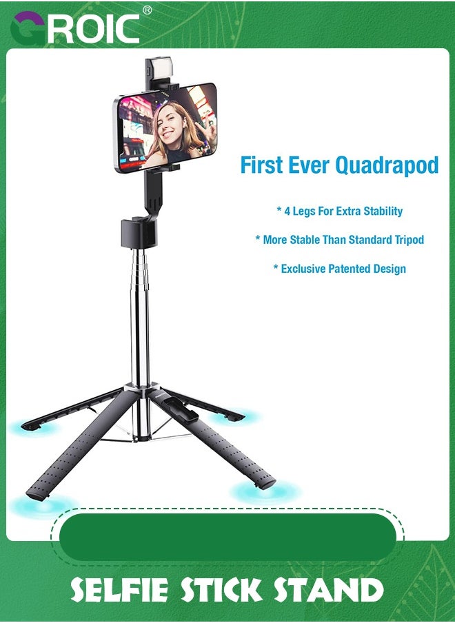GROIC Black 40'' Lighted Selfie Stick Stand, Lightweight Phone Tripod, Wireless Bluetooth Remote, Ultra Stable 4 Legs Travel 3 Onboard Light Modes, Compatible with iPhone & Android  - Image 1