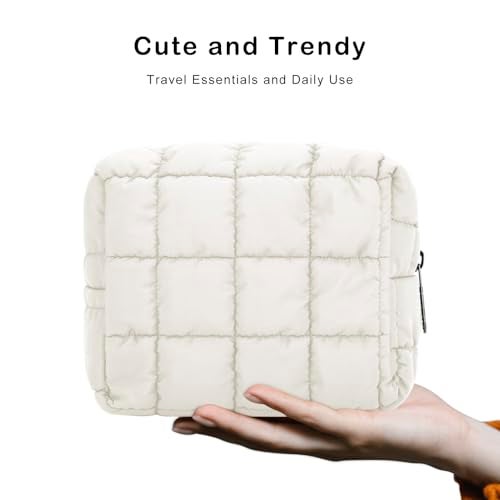 E-Tree Cute Makeup Bag,Quilted Cosmetic Bag,Make up Pouch for Purse,Toiletry Zipper Pouch,Checkered Bag,Travel Case,Storage Pouches for Organization (White) - Image 3