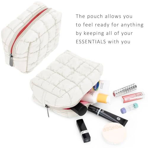 E-Tree Cute Makeup Bag,Quilted Cosmetic Bag,Make up Pouch for Purse,Toiletry Zipper Pouch,Checkered Bag,Travel Case,Storage Pouches for Organization (White) - Image 5